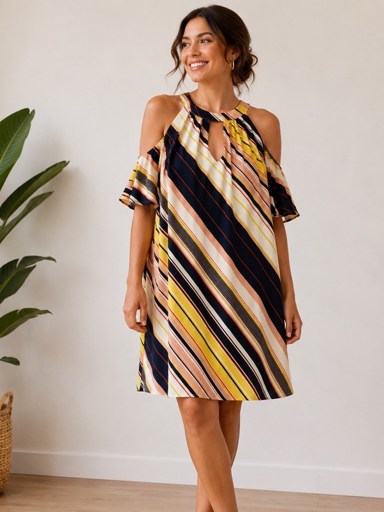 Lily Rose Dresses & Skirts - Striped Cold-Shoulder Shift Dress in Yellow and Navy